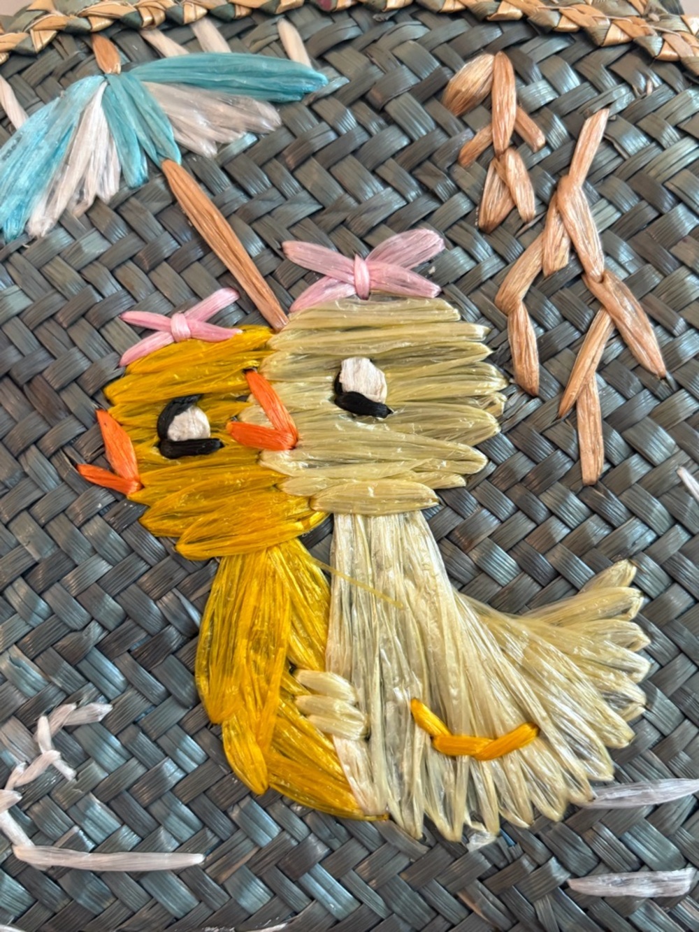 Vintage 1960s / 1970s Woven Straw Raffia Duckling Ducks with Umbrella Mini Purse - Picture 2 of 11